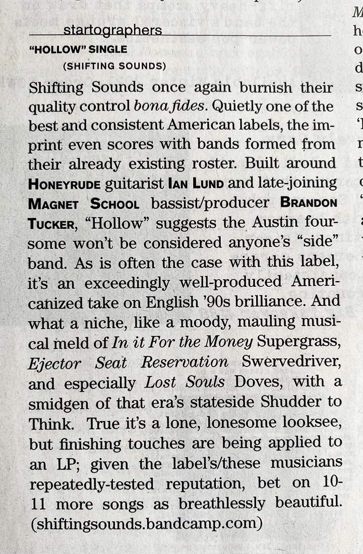 Scan of print review of Startographers "Hollow" single.